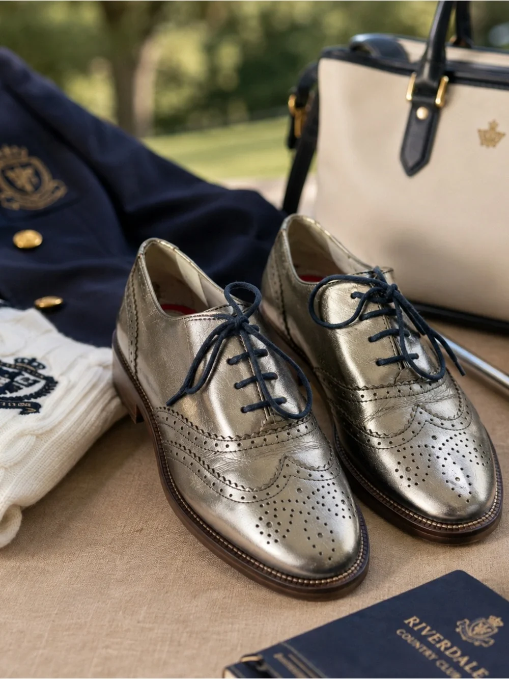 Boden Metallic Gold Leather Wingtip Oxford Shoes Brogue Lace-Up EU 36.5 /US 6